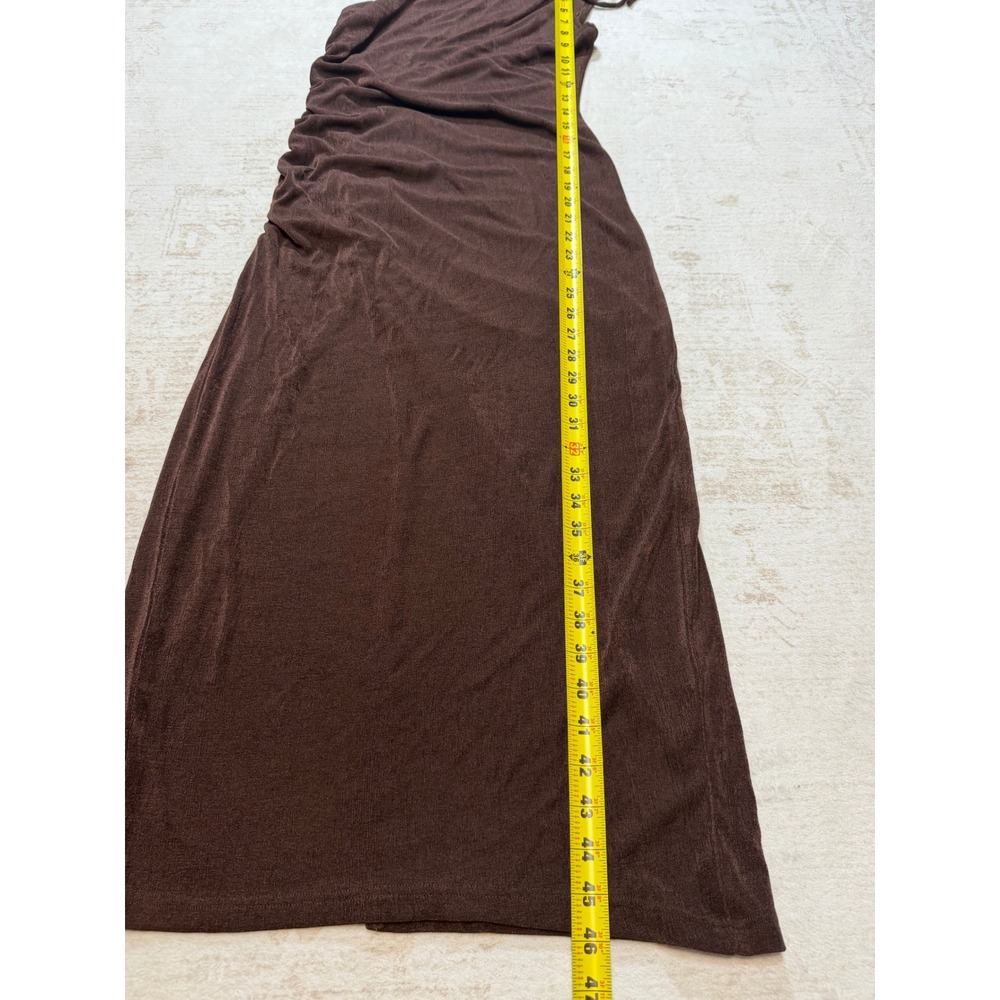 RNWY Brown One Shoulder Ruched Maxi Dress Side Slit Metallic Slinky M US 6 - Picture 7 of 10
